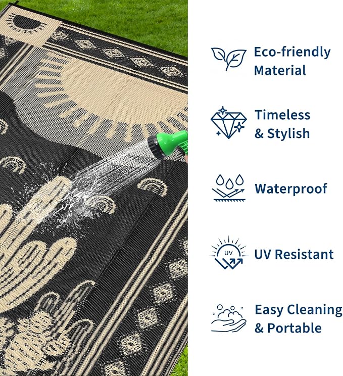 Garvee Reversible Cactus Outdoor Rug 8x10 for Patio, Waterproof Outdoor Area Rug, Modern Desert Botanical Indoor Outdoor Rugs, Plastic Straw Rug for RV, Camping, Deck, Black & Brown
