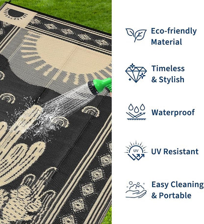 Garvee Reversible Cactus Outdoor Rug 8x10 for Patio, Waterproof Outdoor Area Rug, Modern Desert Botanical Indoor Outdoor Rugs, Plastic Straw Rug for RV, Camping, Deck, Black & Brown