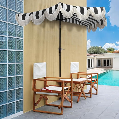 JONATHAN Y Half Umbrella UMB1201A Beverly 9 ft. Designer Classic Scalloped Fringe Market Patio with Crank, Push Button Tilt and UV Protection in Black/White