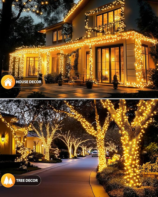 Brightown 2 Pack Solar Christmas Lights, 92Ft 240 LED Solar String Lights Outdoor Waterproof with 8 Modes, Solar Light Outdoor for Patio Yard Tree Garden Party Decorations, Warm White