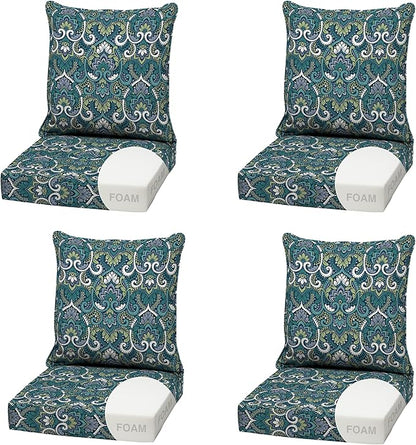Arden Outdoor Foam Deep Seat Cushion (4-Pack), 22x24, Premium High-Density Foam, Never Flattens, Weather-Proof for Patio Chair Sofa Couch, Sapphire Aurora Blue Damask