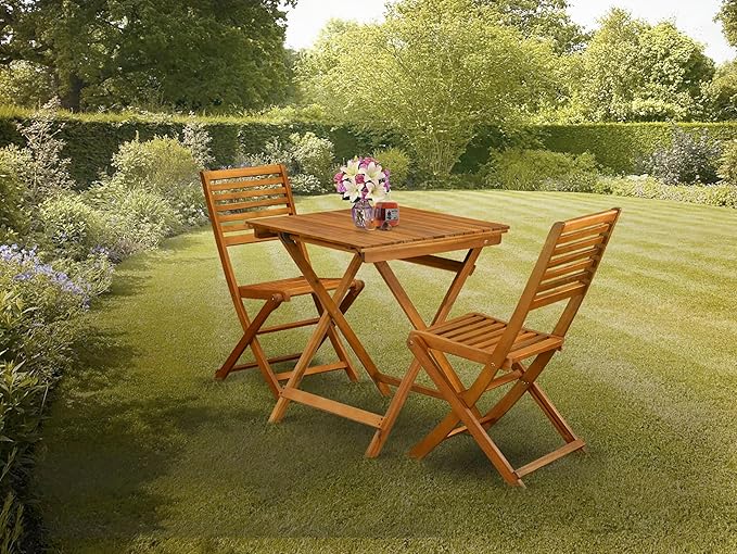 East West Furniture SEBS3CWNA 3 Piece Patio Bistro Sets Wood Folding Table Set Contains a Square Outdoor Acacia Wood Coffee Table and 2 Folding Side Chairs, 26x26 Inch, Natural Oil