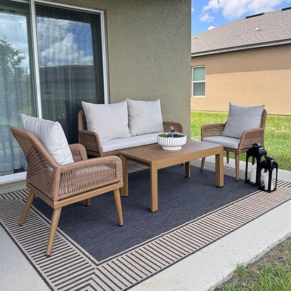 PURPLE LEAF 4-Piece Patio Conversation Set – Wicker Outdoor Furniture with Aluminum Table, 3 Rattan Chairs for 4 People, Thick Sofa Cushions, Ideal for Garden, Backyard, Lawn, or Poolside, Teak