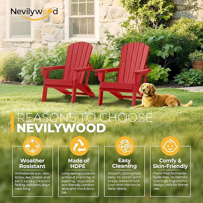 nevilywood Folding Adirondack Chair with Cup Holder Set of 4, HDPE Patio Chairs,All-Weather Outdoor Chairs for Backyard, Deck,Fire Pit-Red