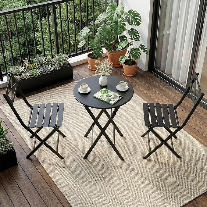 Outdoor Round Bistro Set 3 Piece, Black Iron Patio Furniture Set with Round Table & 2 Chairs, Foldable Steel Backyard Deck Porch Garden Furniture, Space Saving Outdoor Dining Set for Small Spaces