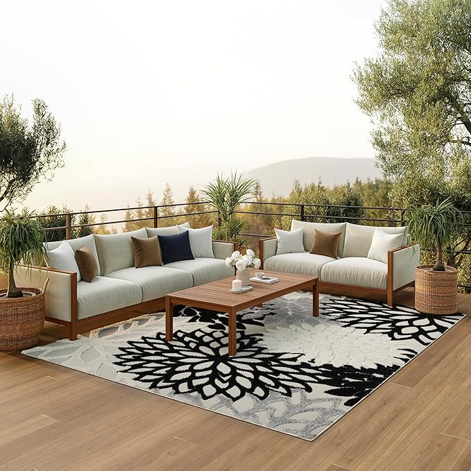 Nourison Aloha Indoor/Outdoor Black White 12' x 15' Area Rug, Tropical, Botanical, Easy Cleaning, Non Shedding, Bed Room, Living Room, Dining Room, Deck, Backyard, Patio (12x15)