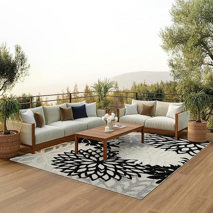 Nourison Aloha Indoor/Outdoor Black White 12' x 15' Area Rug, Tropical, Botanical, Easy Cleaning, Non Shedding, Bed Room, Living Room, Dining Room, Deck, Backyard, Patio (12x15)