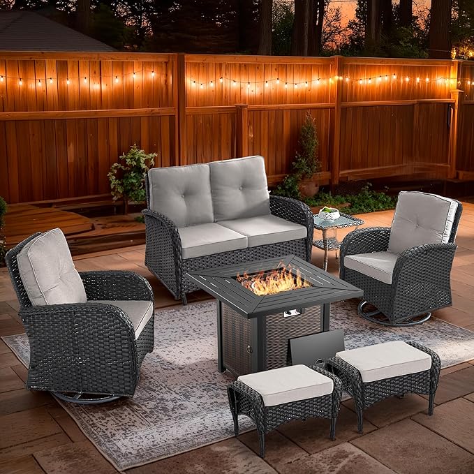 7 Piece Patio Furniture Set with Fire Pit Table - Wicker Patio Conversation Set with Swivel Glider, Glider Loveseat, Side Table and 2 Ottomans for Deck Backyard - Black Wicker Beige Cushion