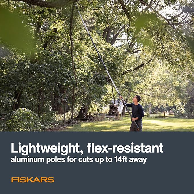 Fiskars XtendControl Extendable Tree Pruner (14 ft), Adjustable Branch Trimmer w/Fixed Pruning Head, 15" X2 Hook Bill Saw, 3-6 ft & 4-8ft Extension Poles, and Automatic Cord Reel for Precise Cuts