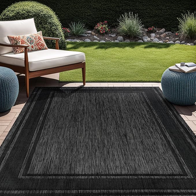 Beverly Rug Outdoor Rug 6x9 Modern Bordered Area Rugs for Indoor and Outdoor Patio Deck Porch Garden Waterproof Weather Sun Resistant Washable Outside Carpet (6 x 9 Black)