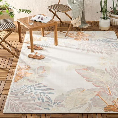 Tommy Bahama Bimini Blooming Border Indoor Outdoor Area Rug, Leaf Tropical Design, UV Fade Resistant, Ivory/Blue/Coral, 5'2"x7'2"