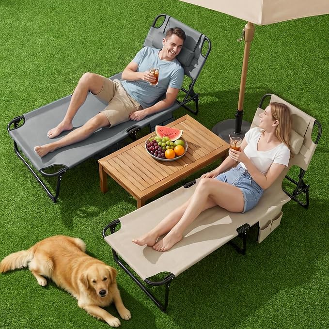 3-in-1 Sun Tanning Chair with Face Holes, Folding Chaise Lounge Chairs, 5-Position Adjustable Lounge Chair Outdoor with 2 Side Pocket & Pillow, for Pool Beach, Patio, Camping, Grey