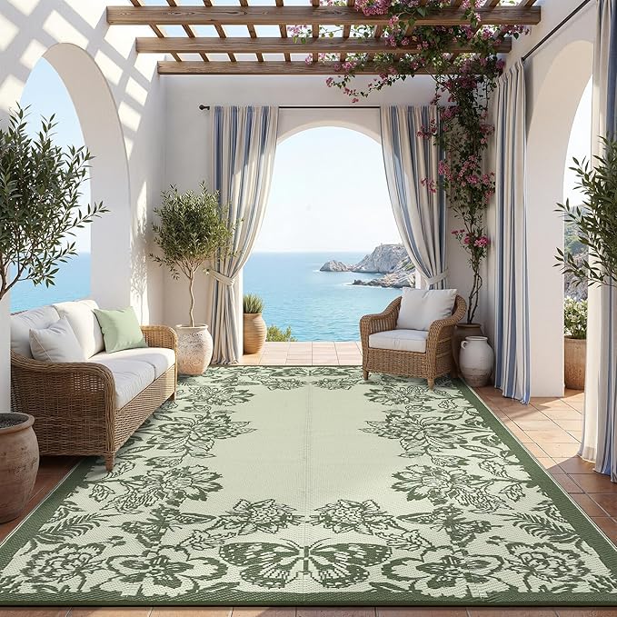 Garvee Outdoor Rugs 9' x 12’ Waterproof Reversible Mats, Large Area Plastic Straw Rug, Outside Carpet, Butterfly Floral Rv Mat for Patio Camping Picnic Backyard Deck Balcony Porch Beach Trailer
