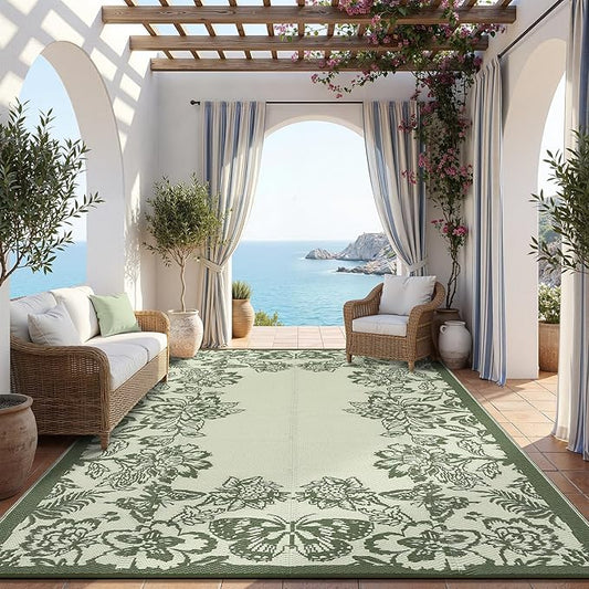 Garvee Outdoor Rugs 9' x 12’ Waterproof Reversible Mats, Large Area Plastic Straw Rug, Outside Carpet, Butterfly Floral Rv Mat for Patio Camping Picnic Backyard Deck Balcony Porch Beach Trailer