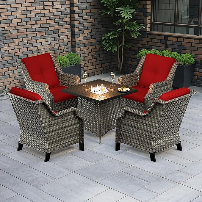 3-Piece Wicker Patio Furniture Set, 2 Armchairs and 1 Fire Pit, Conversation Set with Cushions, Red
