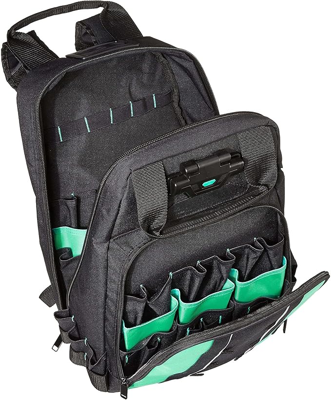 Amazon Basics Tool Backpack with LED Light, 55 Pockets, Padded Shoulder Straps, Tool Storage Bag, Black