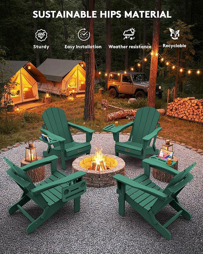 SERWALL Folding Adirondack Chair, Outdoor Adirondack Chairs with 4 in 1 Cup Holder, Weather Resistant Plastic Patio Chair for Garden, Backyard, Deck, Lawn, Fire Pit- Green