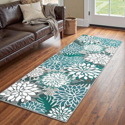 Colorful 2x6 Washable Runner Rug for Hallway Tropical Botanical Modern Floral Chenille Kitchen Rugs Low Pile Non Slip Carpet for Patio, Bedroom, Laundry, Teal