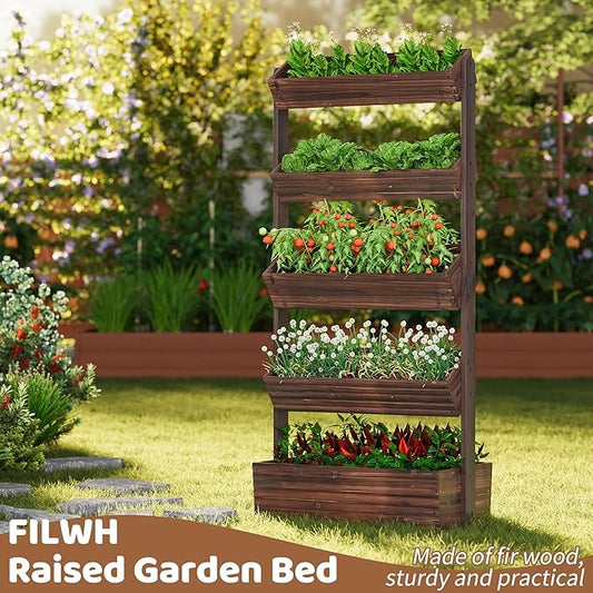 FILWH Wooden Raised Garden Bed Vertical Planter Box, Freestanding Plant Stand for Indoor Outdoor Plants, Herbs, Flowers, Vegetables, Gardening (Carbonized, 5-Tier，29.9 x 17.9 x 68in)