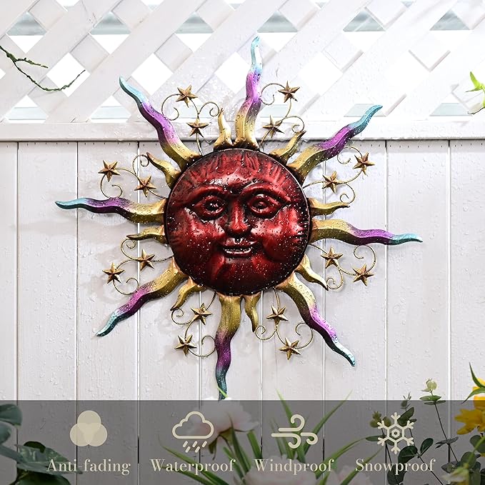 TERESA'S COLLECTIONS Outdoor Sun Metal Wall Art for Outdoor Decor,21" Red Sun Face 3D Wall Decor for Garden Decor,Rustic Retro Hanging Sculpture for Outside indoor Home Patio Farmhouse Gifts for Mom