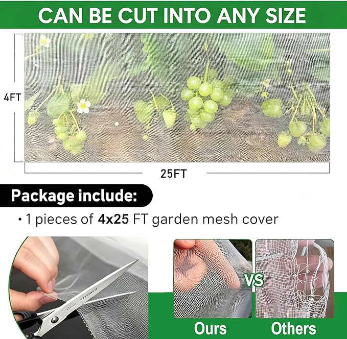 Garden Netting Pest Barrier 4x25FT Ultra Fine Insect Netting for Garden Raised Beds, Plant Net Mesh Cover for Garden Protection, Bird Bug Net, Greenhouse Row Cover Nets for Vegetables Fruits Flowers