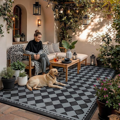 HUGEAR Outdoor Waterproof Rug 6'x9' Plastic Straw Rugs Washable Reversible Floor Mat Black/Grey Plaid Carpet for Camping RV Deck Entryance Porch Picnic Balcony Beach Backyard