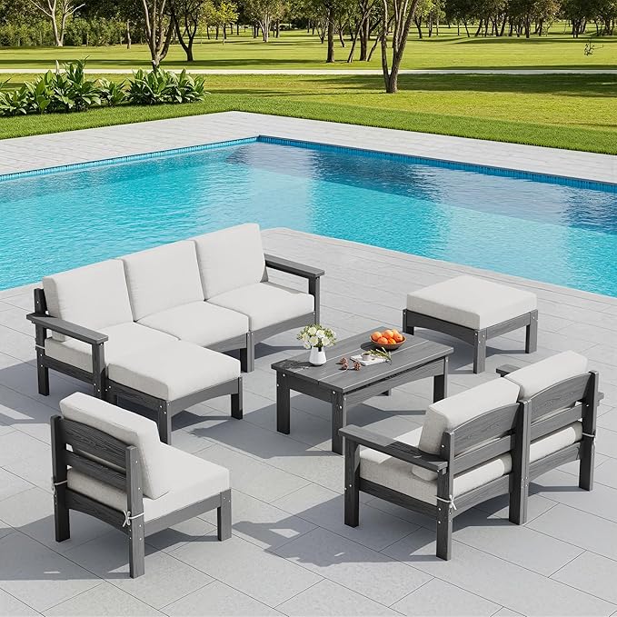 SERWALL 9 Pieces Patio Sofas, All-Weather HDPE Outdoor Sectional Sofa with Cushions and Coffee Table, Extra-Large Modular Conversation Set for Patio, Garden, Deck, Grey Frame with Khaki Cushion