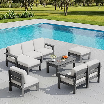 SERWALL 9 Pieces Patio Sofas, All-Weather HDPE Outdoor Sectional Sofa with Cushions and Coffee Table, Extra-Large Modular Conversation Set for Patio, Garden, Deck, Grey Frame with Khaki Cushion
