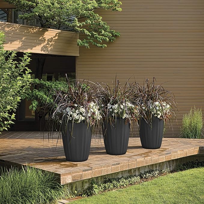 Crescent Garden Pleat Modern Decorative Planter, Indoor/Outdoor Pot, Resin Planter with Drain Hole - 15" W x 15" H (Slate Grey)