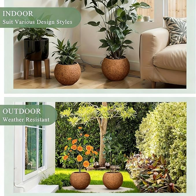 10 H x 14" Dia (10" Pot Opening) Round Fiberstone Planter with Drainage Hole, Indoor/Outdoor Large Plant Pot for Home Patio Garden, Ideal for Large Plants -Camel