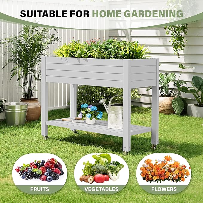 Raised Garden Bed with Wheels, Divisible Resin Planter Box with Drainage Gauge & Storage Shelf, Herb Planter for Garden Patio Backyard, White