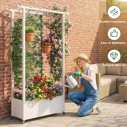 74" Mobile Planter with Trellis,Weatherproof Vertical Raise Garden Bed with Trellis & Hanging Roof for Climbing Plants,Flowers,Vegetables,Rust-Proof Metal Privacy Planter for Patio (White-A)