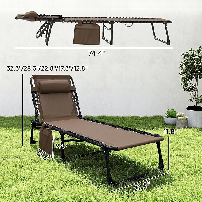 Outsunny Folding Chaise Lounge Chair Outdoor, Sun Tanning Chair with Side Pocket, Carrying Strap, Portable Patio Beach Lounger with 5-Position Reclining Back, Headrest for Pool, Camping, Yard, Brown
