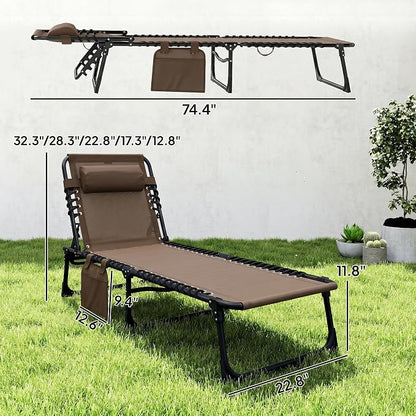 Outsunny Folding Chaise Lounge Chair Outdoor, Sun Tanning Chair with Side Pocket, Carrying Strap, Portable Patio Beach Lounger with 5-Position Reclining Back, Headrest for Pool, Camping, Yard, Brown