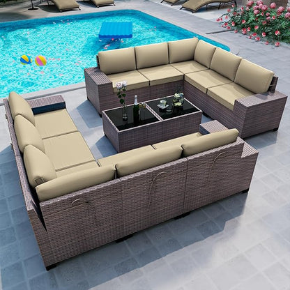 12PCS Outdoor Patio Furniture Set,PE Rattan Wicker Patio Conversation Set with Washable Cushions & Glass Coffee Table,Patio Sectional Furniture Set for Garden, Poolside, Backyard,Sand