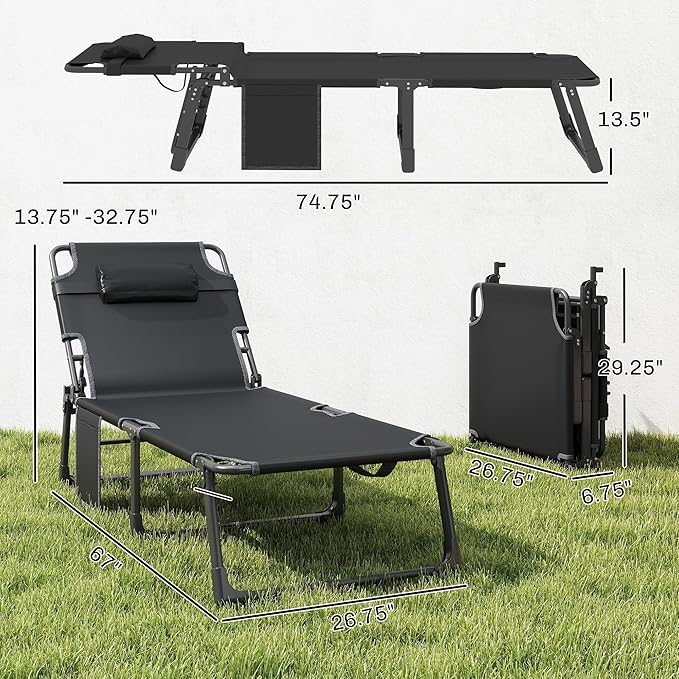 Outsunny Chaise Lounge Chair Outdoor, 5-Position Reclining Pool Lounge Chair with Cushion, Side Pocket, Headrest, Folding Lounger Tanning Chair Camping Cot for Patio, Beach, Black