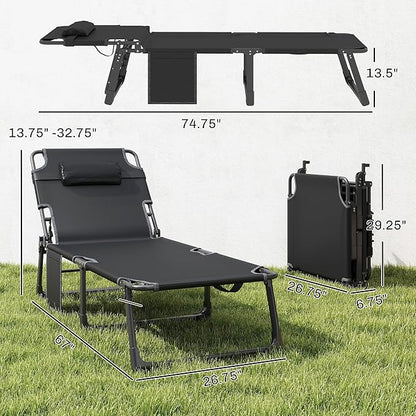 Outsunny Chaise Lounge Chair Outdoor, 5-Position Reclining Pool Lounge Chair with Cushion, Side Pocket, Headrest, Folding Lounger Tanning Chair Camping Cot for Patio, Beach, Black