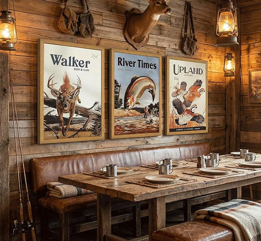 3Pcs Framed Retro Hunting Canvas Wall Art Outdoorsy Wild Animal Wall Decor Pictures Nature Wilderness Deer Wild Duck Fishing Posters Prints Gift Send Hunter Dad for Living Room Bedroom Home Decoration