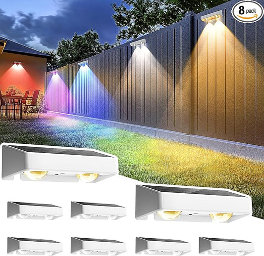 SOLPEX Solar Fence Lights Outdoor, 9 Fixed Colors ＆ Color Changing Fence Solar Lights Outdoor Waterproof IP65, LED Deck Lighting for Backyard Wall Step Patio Railing Pool Porch (8 Pack)