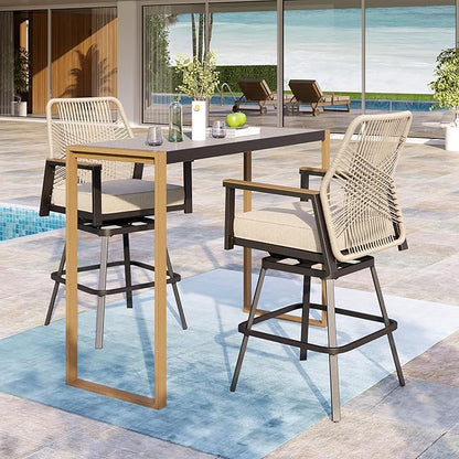 3 Piece Outdoor Bar Set, Swivel Counter Height Bar Stools with 40" Table, Wicker High Top Outdoor Table and Chairs with Cushion, Patio Barstool Set for Porch, Pool and Deck, Beige