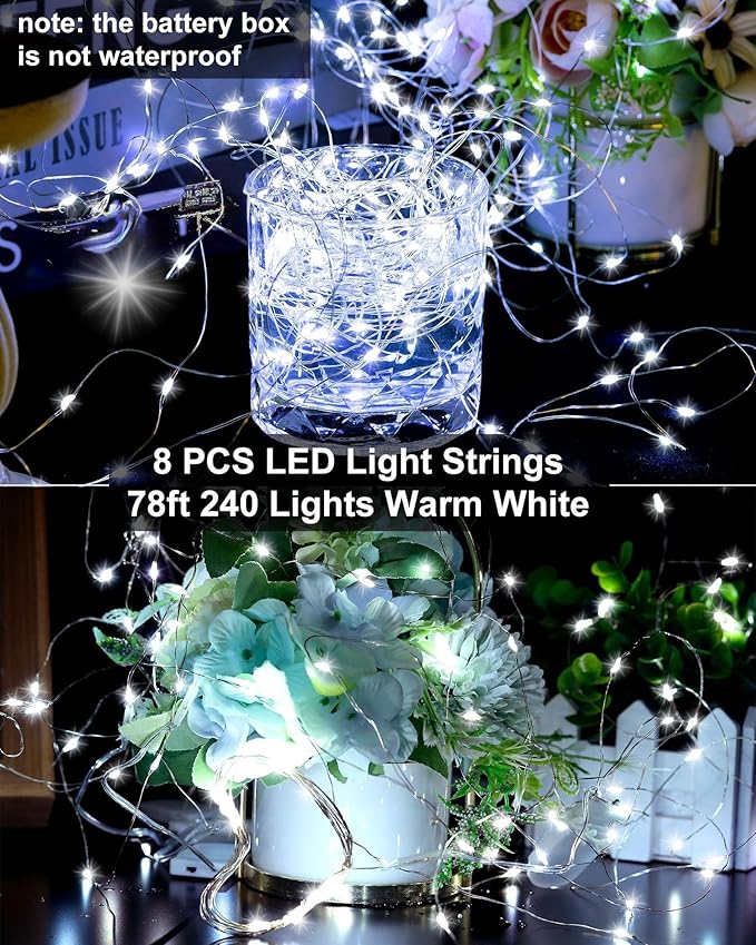 Treela 8 Pack Solar String Lights Outdoor Waterproof Each 240 Led 78ft Solar Fairy Lights Outdoor 8 Mode Led Tree Waterproof Copper Wire Garden Yard(Cool White)
