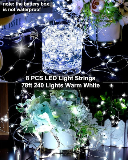 Treela 8 Pack Solar String Lights Outdoor Waterproof Each 240 Led 78ft Solar Fairy Lights Outdoor 8 Mode Led Tree Waterproof Copper Wire Garden Yard(Cool White)