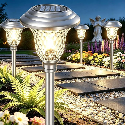 BEAU JARDIN 8 Pack Solar Pathway Lights White+ Color Changing Stainless Steel 3 Mode Outdoor Multicolor Metal Solar Powered Waterproof Glass for Garden Landscape Path Yard Walkway Driveway Silver
