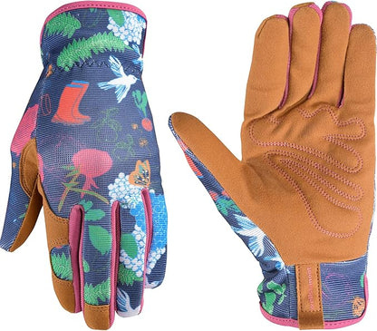 Wells Lamont Women's Garden Print Slip-On High Dexterity Work and Gardening Gloves, Navy, Small (7753S-990)