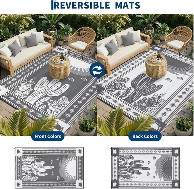 Garvee Waterproof Outdoor Rug 5x8, Cactus Botanical Outdoor Plastic Straw Rug for Camping, Reversible RV Mat Outside, Indoor Outdoor Carpet for Porch, Deck, Backyard, Balcony, Picnic, Grey