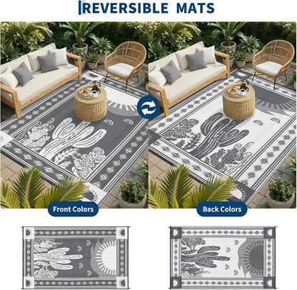 Garvee Waterproof Outdoor Rug 5x8, Cactus Botanical Outdoor Plastic Straw Rug for Camping, Reversible RV Mat Outside, Indoor Outdoor Carpet for Porch, Deck, Backyard, Balcony, Picnic, Grey