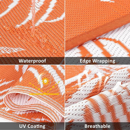 Pauwer Waterproof Outdoor Rug 9x12, Reversible Plastic Straw Patio Camping Rug, Indoor Outdoor RV Mat Carpet for Deck, Camper, Porch, Balcony, Backyard, Picnic, Leaf Orange