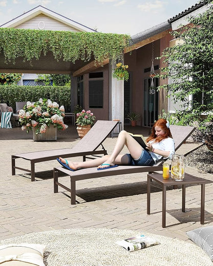 Crestlive Products 2PCS Chaise Lounge Chairs Outdoor with 1PC Side Table, Aluminum Patio Lounge Set, Adjustable Five-Position Recliner for Beach, Pool, Sunbathing, Lawn, Yard