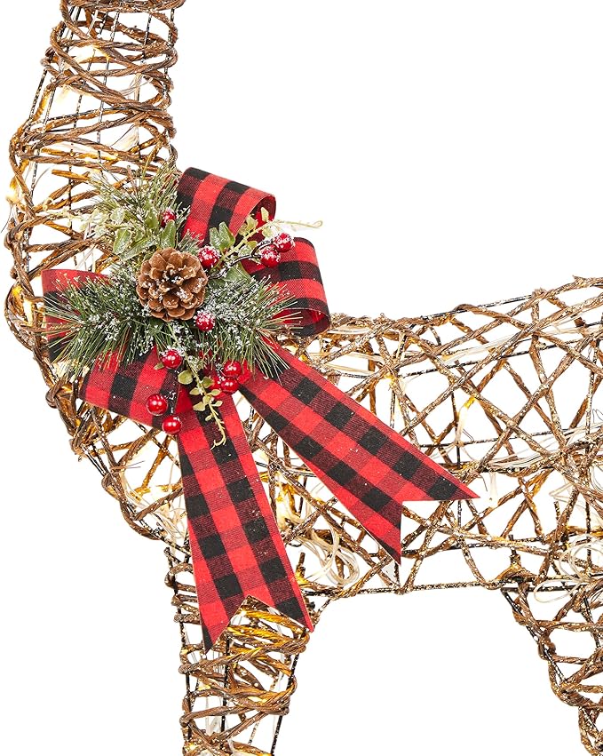 Alpine Corporation 49" Rattan Standing Reindeer Statues with Ribbon and LED Lights, Christmas Decor