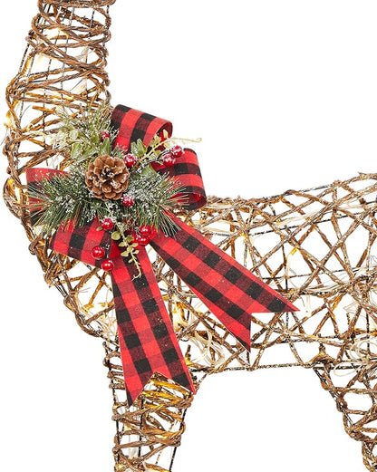 Alpine Corporation 49" Rattan Standing Reindeer Statues with Ribbon and LED Lights, Christmas Decor